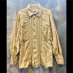 FP Women’s Beige Ruched Long Sleeve Button Down Shirt Blouse - sz 8 - EUC!